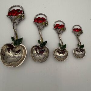 Ganz Vintage Apple Basket Measuring Spoon Set Silver Tone Red Enamel 4 Piece